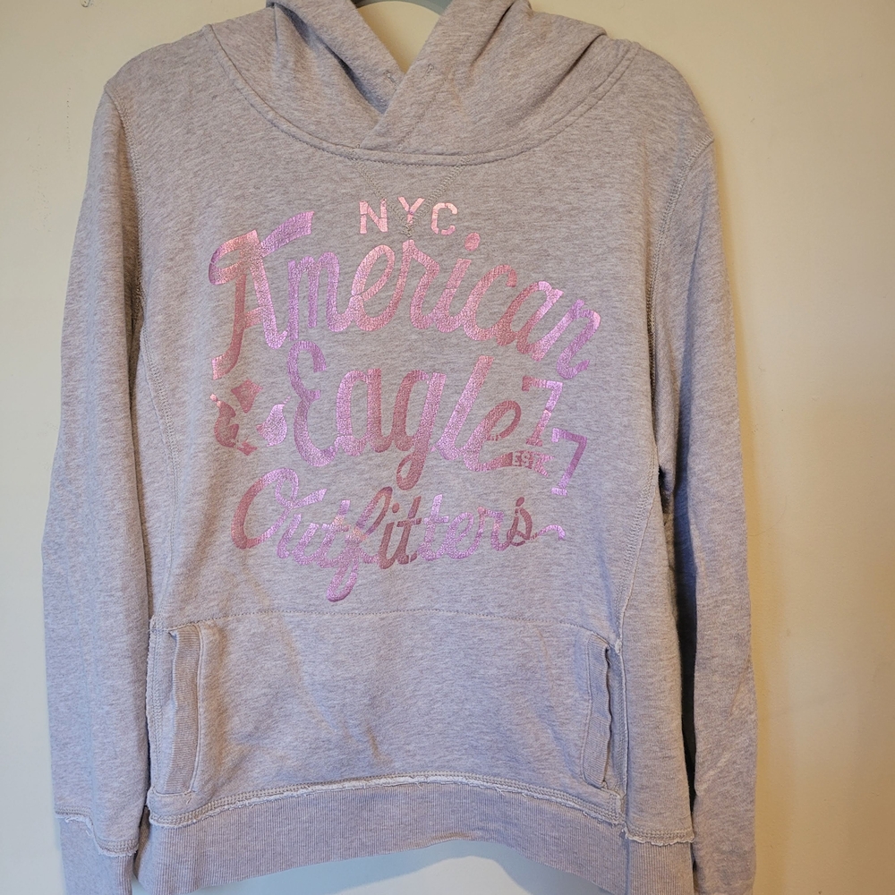 American Eagle Outfitters Light Gray Hoodie with Pink Logo